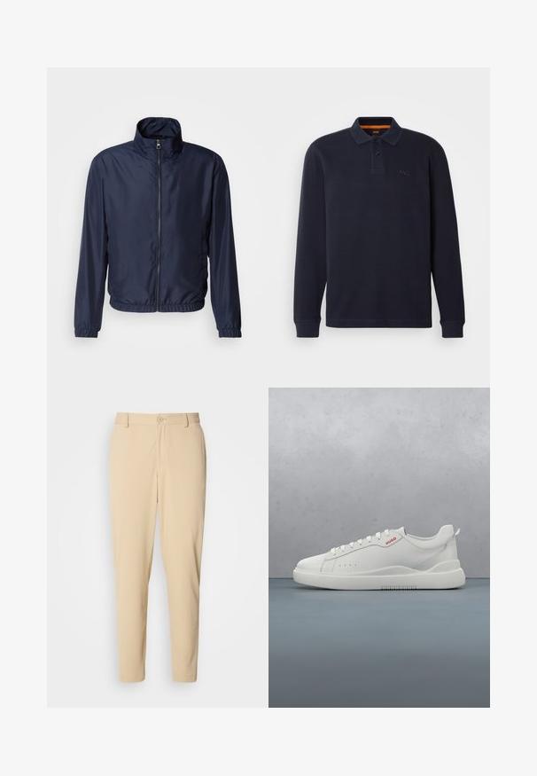 Marineblå letvægtsjakke med ståkrave, lynlås foran, elastiske manchetter og kant; glat tekstur, minimalistisk design.; Mørkeblå langærmet polo skjorte lavet af tekstureret stof med en knaplukning ved halsen. Har et lille broderet logo på brystet.; Beige bukser med struktur i slim fit, med knaplukning foran, bæltestropper og sidelommer. Glat stoffinish.; Hvide sneakers med en glat læderfinish, rund tå, fire snørehuller, subtile perforeringer og en rød logo detalje på siden.