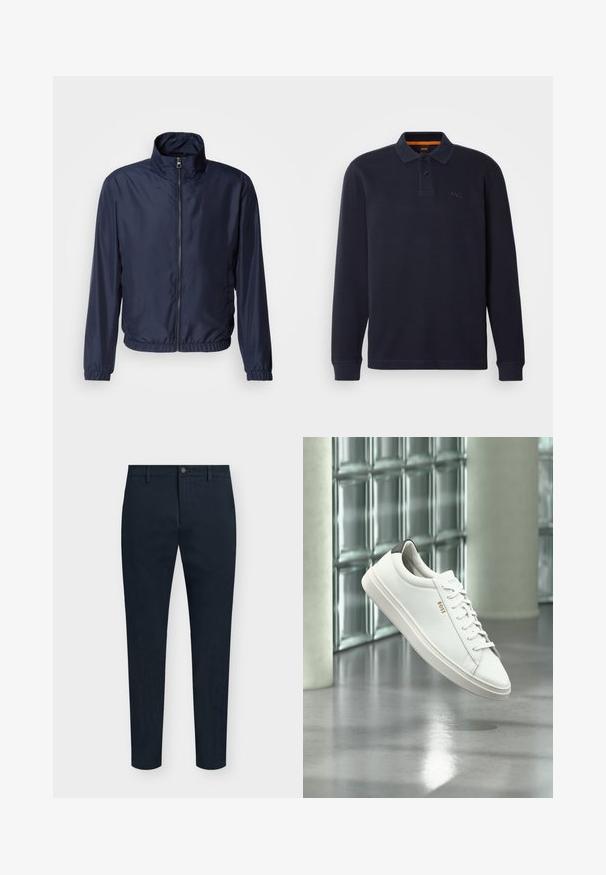 Veste légère bleu marine avec un col montant, fermeture éclair à l'avant, poignets élastiques et ourlet ; texture lisse, design minimaliste.; Polo shirt à manches longues bleu marine en tissu texturé avec une ouverture pour le col boutonnée. Présente un petit logo brodé sur la poitrine.; Pantalon slim bleu marine pour homme avec fermeture avant à bouton et zip, passants pour ceinture et design minimaliste.; Baskets basses en cuir blanc avec lacets, languette de talon noire et logo « BOSS », flottant à l'intérieur près d'un mur en blocs de verre et d'un sol poli.