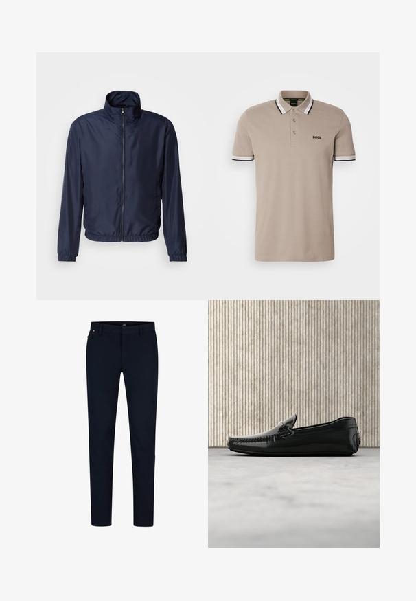Marineblå letvægtsjakke med ståkrave, lynlås foran, elastiske manchetter og kant; glat tekstur, minimalistisk design.; Beige polo-shirt med klassisk krave, korte ærmer og kantbånd med sort og hvid accent. Broderet 'BOSS' logo på brystet.; Marinebukser lavet af glat stof, med en slim fit, bæltestropper og en skjult lynlås. Ingen bemærkelsesværdige mønstre eller accenter.; Sorte læder loafers med en blank overflade, rund tå og dekorativt hardware foran. Lavprofil gummisål. Glat tekstur.