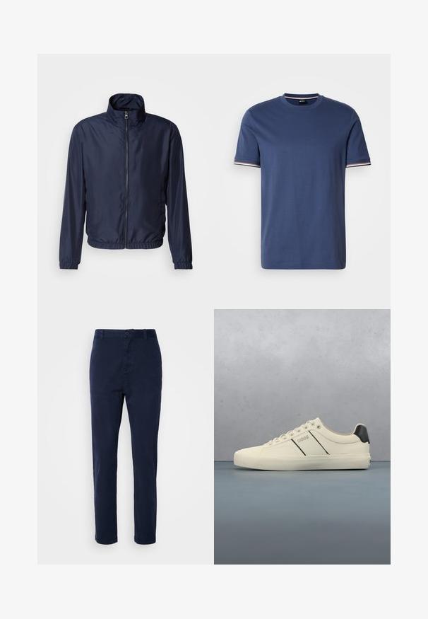 Marineblå letvægtsjakke med ståkrave, lynlås foran, elastiske manchetter og kant; glat tekstur, minimalistisk design.; Marineblå bomulds t-shirt med korte ærmer, ribbet rund halsudskæring og kontrasterende stribede detaljer ved ærmekanterne.; Mørkeblå chinos lavet af letvægtsstof, med lige ben-design, knaplukning og sidelommer. Glat tekstur uden mønstre.; Cremefarvede sneakers med en glat tekstur, der har sorte accenter og branding. Klassisk snørebåndsdesign med rund tå og gummisål.