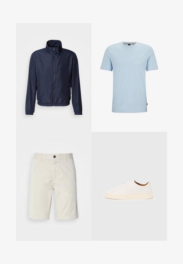 Chaqueta ligera azul marino con cuello alzado, cierre frontal de cremallera, puños elásticos y dobladillo; textura suave, diseño minimalista.; Camiseta de algodón de color azul claro con cuello redondo, mangas cortas y un sutil logotipo bordado en el pecho. Textura suave, corte estándar.; Shorts de color beige claro fabricados en algodón, con cierre de botón, bolsillos delanteros y dobladillo cosido. Textura suave con un diseño casual.; Zapatilla blanca de corte bajo con diseño de cordones, detalles mínimos de costuras y suela color crema sobre un fondo gris claro.