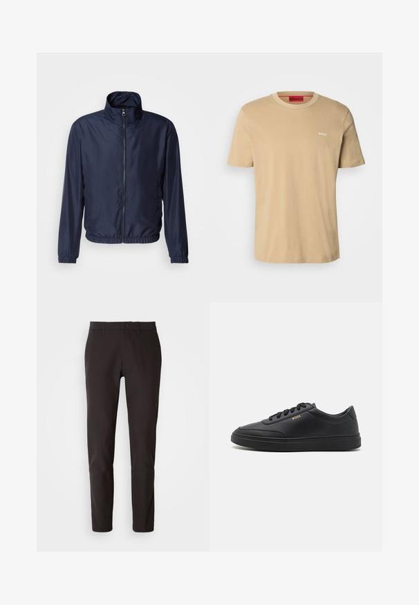 Marineblå letvægtsjakke med ståkrave, lynlås foran, elastiske manchetter og kant; glat tekstur, minimalistisk design.; Beige bomulds t-shirt med rund halsudskæring, korte ærmer og et lille hvidt "HUGO" logo på brystet. Glat tekstur uden mønstre.; Sorte bukser lavet af glat stof, med lige snit, standard linning med knaplukning og uden synlige lommer eller mønstre.; Sorte lædersneakers med en glat overflade, rund tå, flad gummisål og tonede snørebånd. Udstyret med guld "BOSS" branding på siden.