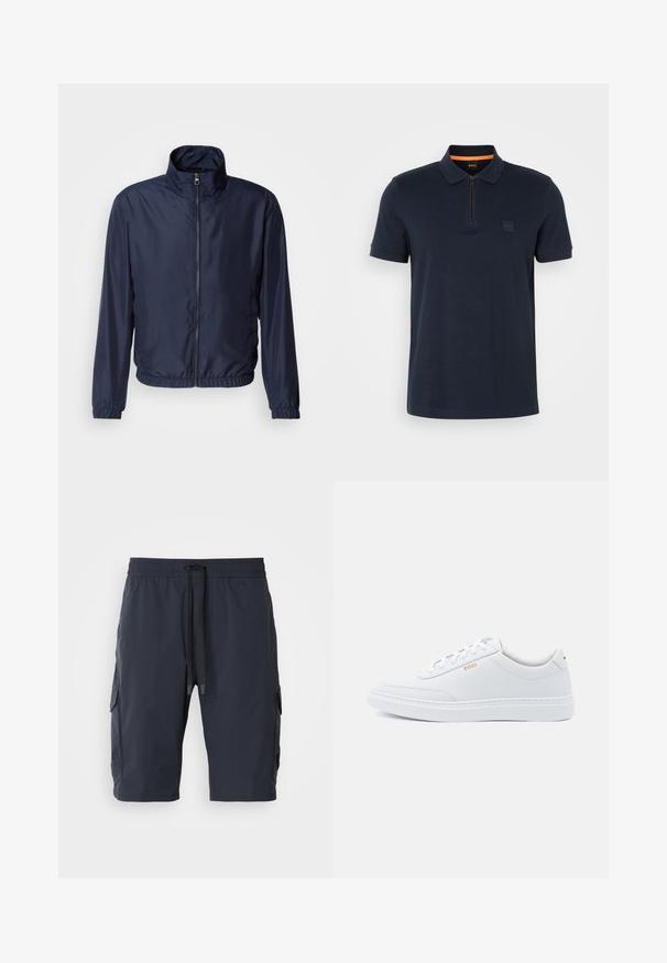 Navyblauwe lichte jas met een staande kraag, vooraan een rits, elastische manchetten en zoom; zachte textuur, minimalistisch design.; Marine polo shirt met een ritskraag, voorzien van een kleine logo patch op de borst en korte mouwen. Gemaakt van een katoenmix met een soepele textuur.; Marine cargoshorts met een elastische tailleband, een trekkoord aan de voorkant, zijzakken en een gladde textuur. Duurzaam materiaal, geschikt voor casual dragen.; Witte leren sneakers met een gladde textuur, ronde neus en tonale stiksels. Voorzien van blauwe veters en een gouden logo op de zijkant.