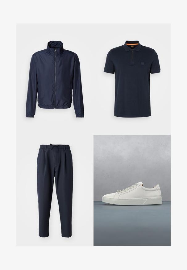 Veste légère bleu marine avec un col montant, fermeture éclair à l'avant, poignets élastiques et ourlet ; texture lisse, design minimaliste.; Polo shirt marine avec un col zippé, doté d'une petite écusson sur la poitrine et de manches courtes. Matière en mélange de coton avec une texture lisse.; Pantalons bleu marine avec une taille élastique, détail de cordon de serrage, design à jambe fuselée, texture lisse et poches latérales.; Baskets en cuir blanc avec un bout arrondi, design minimaliste, lacets gris et semelle en caoutchouc gris texturé. Détails de couture subtils visibles.