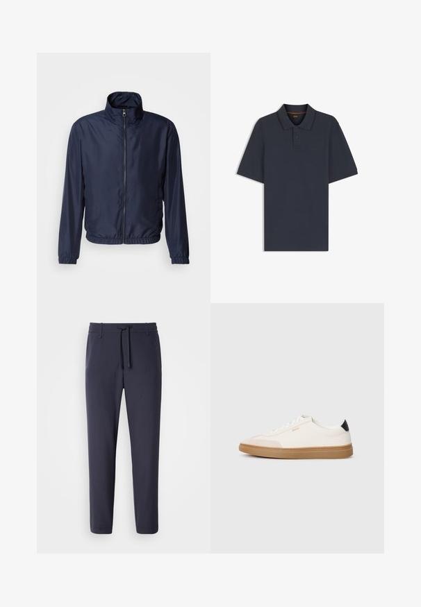 Veste légère bleu marine avec un col montant, fermeture éclair à l'avant, poignets élastiques et ourlet ; texture lisse, design minimaliste.; Polo bleu foncé à manches courtes avec deux boutons, un col et un logo BOSS discrètement brodé sur la poitrine gauche.; Pantalons de jogging navy avec une taille élastique et un cordon de serrage. Fabriqués dans un matériau lisse, avec des jambes effilées et sans poches visibles.; Des baskets blanches avec des accents beiges, un dessus en cuir lisse, un bout arrondi et une semelle en caoutchouc beige, avec une languette de talon noire et un branding subtil.