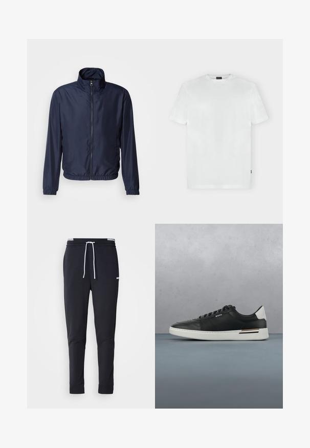 Marineblaue leichte Jacke mit Stehkragen, Reißverschluss vorne, elastischen Bündchen und Saum; glatte Textur, minimalistisches Design.; Weißes T-Shirt mit kurzen Ärmeln und Rundhalsausschnitt, mit dezentem Logo auf der linken Brustseite und einem kleinen schwarzen Etikett an der linken Seitennaht.; Schwarze Slim-Fit-Jogginghose mit weißem Kordelzug, elastischem Bund mit weißen Streifen und kleinem weißen Logo am oberen Oberschenkel.; Schwarze Ledersneaker mit weißer Sohle, ausgestattet mit Perforationen, Schnürdesign, Logo an der Seite und kontrastierenden Fersendetails in Weiß und Braun.