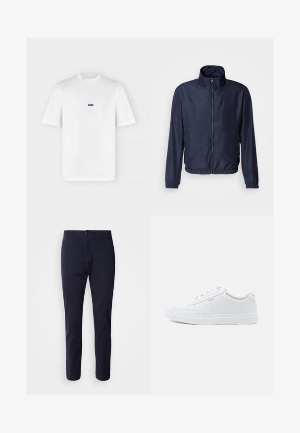 Veste légère bleu marine avec un col montant, fermeture éclair à l'avant, poignets élastiques et ourlet ; texture lisse, design minimaliste.; T-shirt blanc à manches courtes et col rond avec un petit logo rectangulaire bleu "HUGO" centré sur la poitrine.; BOSS SANDERSON - Pantalon classique - dark blue; Baskets blanches en cuir avec une texture lisse, bout rond et coutures tonales. Possède des lacets bleus et un logo doré sur le côté.