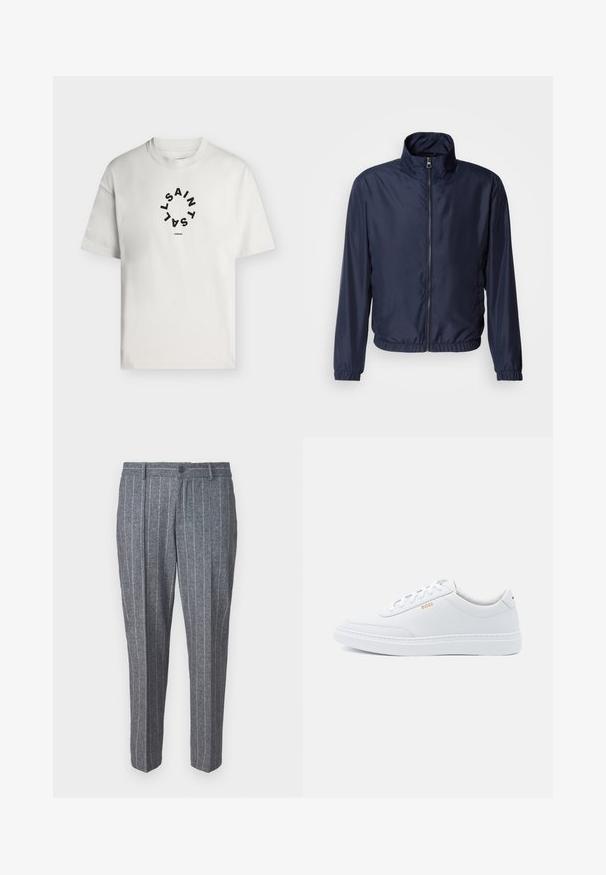 Navyblauwe lichte jas met een staande kraag, vooraan een rits, elastische manchetten en zoom; zachte textuur, minimalistisch design.; Wit T-shirt met korte mouwen en een ronde hals, met zwarte cirkelvormige tekst met de woorden "SAINT LAINT" en onder de cirkel "LONDON".; Grijze wollen broek van een mengsel met een streepjespatroon, met een knoopsluiting, rechte snit en enkel-lang ontwerp.; Witte leren sneakers met een gladde textuur, ronde neus en tonale stiksels. Voorzien van blauwe veters en een gouden logo op de zijkant.