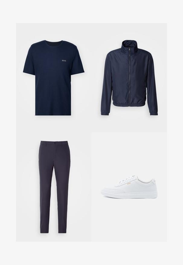 Navyblauwe lichte jas met een staande kraag, vooraan een rits, elastische manchetten en zoom; zachte textuur, minimalistisch design.; Marineblauwe t-shirt met korte mouwen van katoen, met een ribbeltextuur en een klein wit "BOSS" logo op de linkerkant van de borst.; Navy broek met rechte snit, gemaakt van een soepel stof. Voorzien van een knoopsluiting, zijzakken en een vlakke voorkant.; Witte leren sneakers met een gladde textuur, ronde neus en tonale stiksels. Voorzien van blauwe veters en een gouden logo op de zijkant.