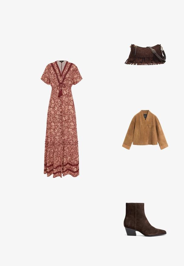 Brun ruskind cropped jakke med brede ærmer og foldede manchetter, med V-hals og uden synlige lukninger.; Maxikjole med korte ærmer, dyb V-udskæring, bordeaux blomsterprint på beige, taljeret med kvastbånd og lagdelt kant med blondekant.; Brune ruskind ankelstøvler med spidse tæer, mellemhøj blokhælt og minimal syning for et elegant udseende.; Brun ruskind skuldertaske med dobbeltlags frynser, justerbar mørk strop, guldfarvet hardware og lynlås lukning på hvid baggrund.