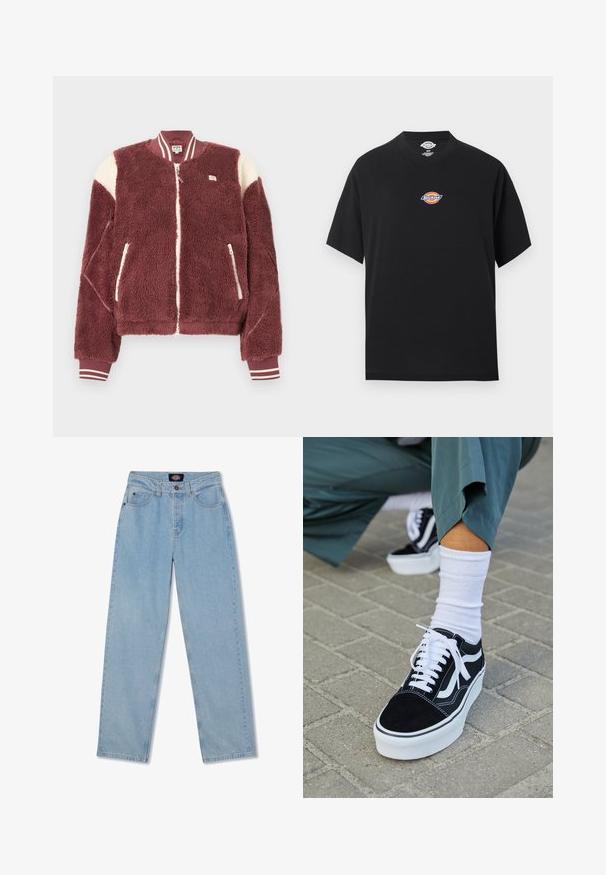Bordeauxrode fleece bomberjack met witte schouderaccenten, een ritssluiting aan de voorkant, ritszakken en gestreepte geribde boorden en kraag.; Zwart T-shirt met korte mouwen, voorzien van een klein kleurrijk Dickies-logo in het midden van de borst en een ronde hals.; Lichtblauwe denim jeans met een rechte snit, vijf zakken, knoopsluiting en subtiele wassing aan de voorkant.; Zwarte suède sneaker met witte accenten en veters, uitgerust met een dikke witte zool en contrasterende stiksels, gecombineerd met een witte sok.
