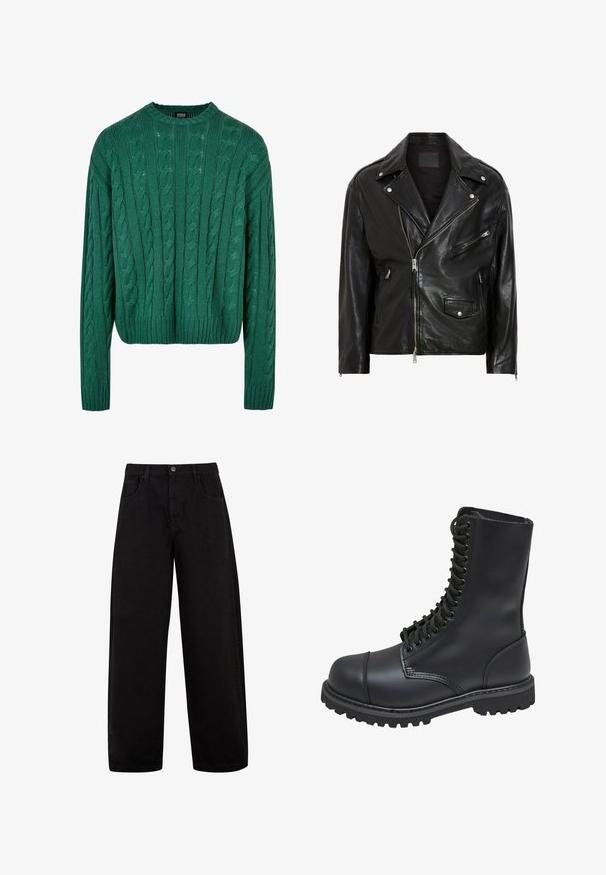 Sort lædermotorcykeljakke med sølvfarvede lynlåse, trykknapper og flere lommer. Har en bred krave og en tætsiddende pasform.; Grøn kabelstrikket sweater med rund hals og lange ærmer. Har et cropped design og struktureret mønster hele vejen igennem.; Sorte brede jeans lavet af denim, med forlommer, knaplukning og et rent, minimalistisk design uden synlige mønstre.; Sort læder kampstøvle med høj skaft, snørebånd foran, polstret krave og en robust tekstureret sål for godt greb. Har forstærket tåhætte.
