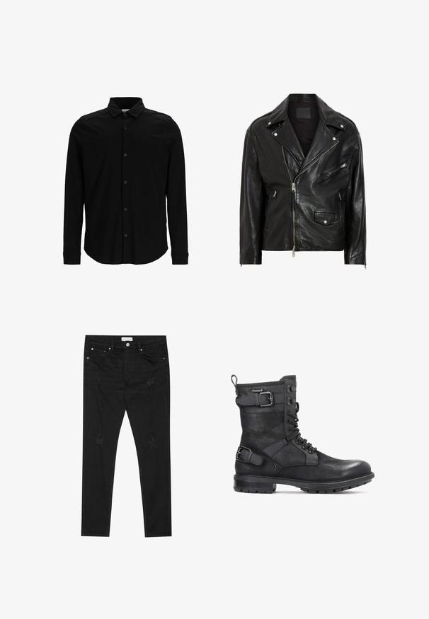 Veste de moto en cuir noir avec des zips argentés, des boutons-pression et plusieurs poches. Elle présente un large col et une coupe ajustée.; Chemise noire à manches longues en tissu lisse, dotée d'un devant à boutons, d'un col et d'un logo brodé subtil sur la poitrine.; Jeans slim fit noirs avec des patchs légèrement déchirés, un bouton en métal, des poches avant et une étiquette Pier One sur la taille.; Kazar HEARD - Bottines de cowboy / motard - black