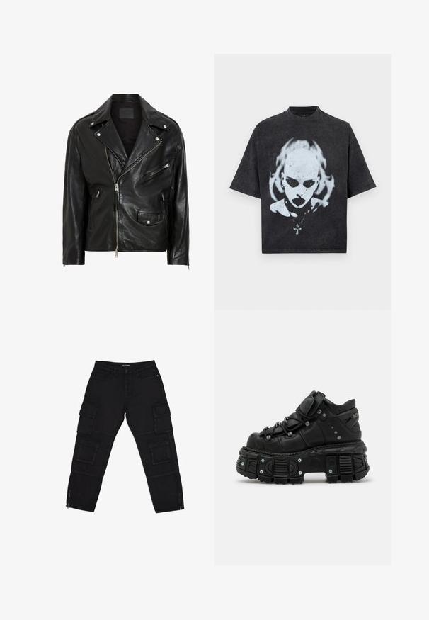 Zwarte leren motorjack met zilveren ritsen, drukknoopsluitingen en meerdere zakken. Het heeft een brede kraag en een getailleerde snit.; Zwart oversized T-shirt met een wit grafisch ontwerp van een kale persoon met donkere ogen, lippenstift, piercings en een ketting met een kruisje.; Zwarte cargobroek van duurzaam materiaal, met meerdere cargozakken, ritsenkoppen en rechte benen met subtiele stikseldetails.; Zwarte leren high-top sneaker met een dikke rubberen zool, vetersluiting, gevoerde schacht en metalen accenten. Beschikt over een profielzool voor grip.