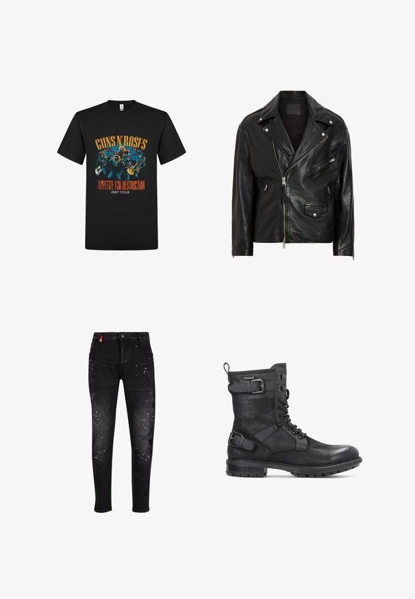 Chaqueta de motociclista de cuero negro con cremalleras plateadas, botones a presión y múltiples bolsillos. Presenta un cuello ancho y un corte ajustado.; Camiseta de algodón negra con un gráfico colorido de los miembros de la banda y el texto "Guns N' Roses Appetite for Destruction 1987 Tour".; Jeans de denim negro con parches desgastados, salpicaduras de pintura blanca, cierre con cremallera y un diseño ajustado.; Kazar HEARD - Botines camperos - black