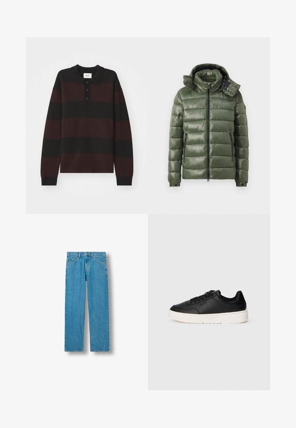 Grønne pufferjakke med en skinnende finish, der har lynlås foran, aftagelig hætte og to sidelommer. Syet quiltet mønster gennem hele jakken.; NN.07 RUGBY - Langærmet T-shirt - black; Blå denimjeans med lige ben, forside med knap- og lynlås-lukning, bæltestropper samt for- og baglommer.; Sorte lædersneakers med glat tekstur, der har en gummisolet i off-white, rund tå og snørelukning. Subtil logo-detalje på siden.