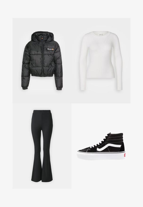 Black cropped puffer jacket with a hood, featuring a zip front and drawstring, quilted design, and small logo on the left chest.; White long-sleeve ribbed top with a round neckline. The fabric is smooth, featuring a subtle texture and fitted design. No visible hardware or patterns.; Black flared trousers made from stretchy fabric. Features a high waistband and a smooth, fitted design that flares from the knee downward.; Black high-top sneakers with white laces, a white logo, and contrasting white stitching. Features a thick white sole and textured suede upper.