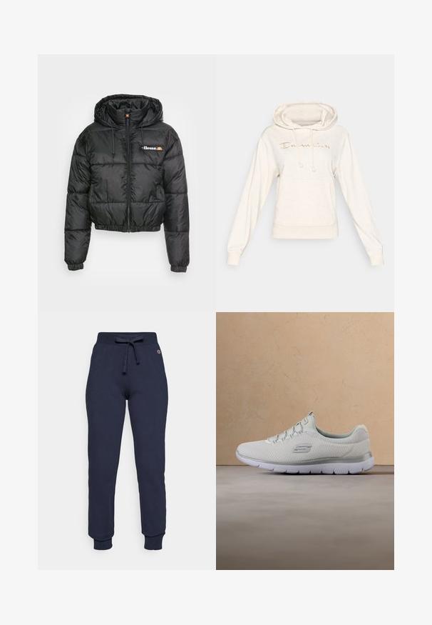 Veste courte en duvet noire avec capuche, dotée d'une fermeture éclair à l'avant et d'un cordon de serrage, design matelassé et petit logo sur la poitrine gauche.; Sweat à capuche beige clair avec une poche kangourou, une capuche à cordon et un logo "Champion" brodé en or sur la poitrine. Texture de tissu doux.; Pantalons de survêtement bleu marine en tissu mélangé coton, avec une taille à cordon de serrage, des poignets côtelés et un petit logo sur la hanche.; Baskets blanches avec une tige en mesh texturé, semelle flexible et système de laçage élastique, présentant un logo discret sur le côté.