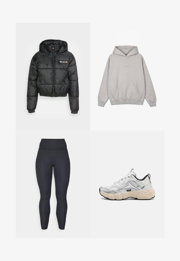 Must have kaelari puffer jakk musta värvusega, varustatud lukuga ees ja reguleeritava kumminööriga, trapetsikujulise mustriga ning väike logo vasakul rinnal.; Helehall kapuutsiga dressipluus, ees kängurutasku, soonilised mansetid ja alumine serv, ning diskreetne rinnatikkimine.; Kõrge vöökohaga mustad ribakanga leggingsid, millel on täpselt sobiv disain, sile tekstuur ja täispikkus. Omab laia vööd toetuse tagamiseks.; Valge sportlik king, kus on võrgust ja sünteetilisi paneele, hõbedased aktsendid, tükiline kreemjas tald ja kontrastsed mustad detailid. Omab nööri süsteemi.