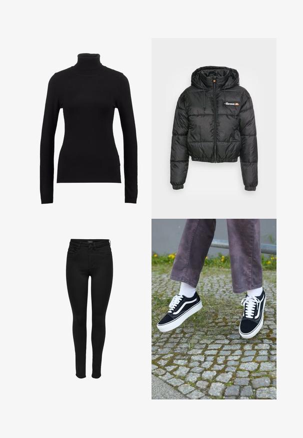 Sort cropped pufferjakke med hætte, med lynlås foran og snøre, quiltet design og lille logo på venstre bryst.; Sort turtleneck sweater lavet af blød stof, med lange ærmer og en tætsiddende silhuet. Enkel design uden synlige mønstre eller dekorationer.; Sorte skinny jeans lavet af denim, med et klassisk fem-lomme design, lynlås i gylpen og en glat tekstur med minimale syningsdetaljer.; Sorte ruskinds sneakers med hvide accenter, med rund tå, tyk hvid sål og klassisk snørebåndsdesign, båret med hvide sokker og lilla bukser.