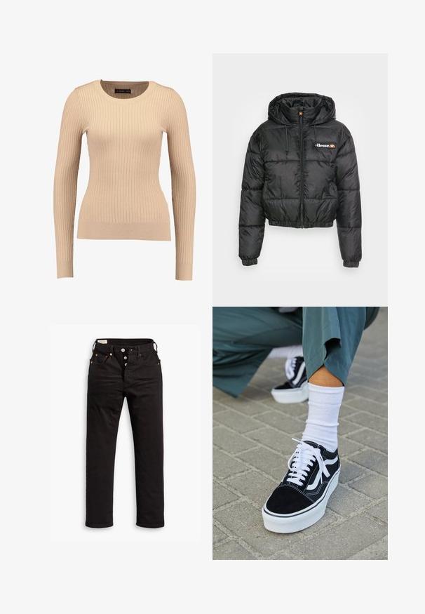 Sort cropped pufferjakke med hætte, med lynlås foran og snøre, quiltet design og lille logo på venstre bryst.; Ribbet langærmet sweater i lys beige, lavet af strækbart stof. Har en rund halsudskæring og tætsiddende silhuet med ribbede manchetter.; Sorte lige jeans med knaplukning, front- og baglommer samt kobbernitte detaljer på en hvid baggrund.; Sorte ruskinds sneakers med hvide accenter og snørebånd, der har en tyk hvid sål og kontrasterende syninger, parret med en hvid sok.