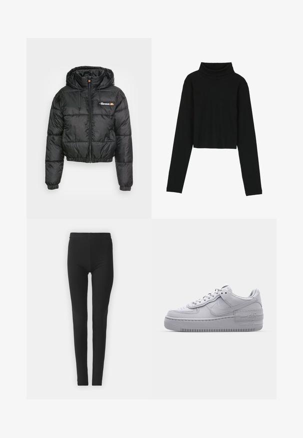 Must have kaelari puffer jakk musta värvusega, varustatud lukuga ees ja reguleeritava kumminööriga, trapetsikujulise mustriga ning väike logo vasakul rinnal.; Even&Odd Pikkade varrukatega topp - black; Mustad, venivad retuusid, mis on tihedalt sobivad, kõrge vöökohaga ja sileda tekstuuriga. Ilma nähtavate mustrite või riistade detailideta.; Hallitus hallid Nike Air Force 1 sneakerid, millel on augustatud varvas, siledast nahast ülemine osa, paks tall ning reljeefne 'AIR' detail kontsapadjal.