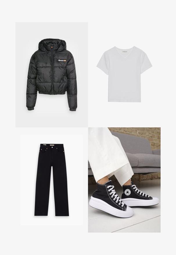 Zwarte cropped pufferjack met een capuchon, voorzien van een ritssluiting aan de voorkant en een trekkoord, gequilt ontwerp en een klein logo op de linkerkant van de borst.; Witte T-shirt met korte mouwen en V-hals, gemaakt van ribbelstof. Heeft een strakke ontwerp met een rechte zoom en minimale details.; Zwarte denim jeans met een recht model, vijf zakken, koperen hardware en een gladde textuur. Twee labels zichtbaar op de tailleband.; Zwarte hoge sneakers met witte rubberen zolen en veters. Voorzien van een ronde logo patch en contrasterende witte stiksels. Gemaakt van canvas.