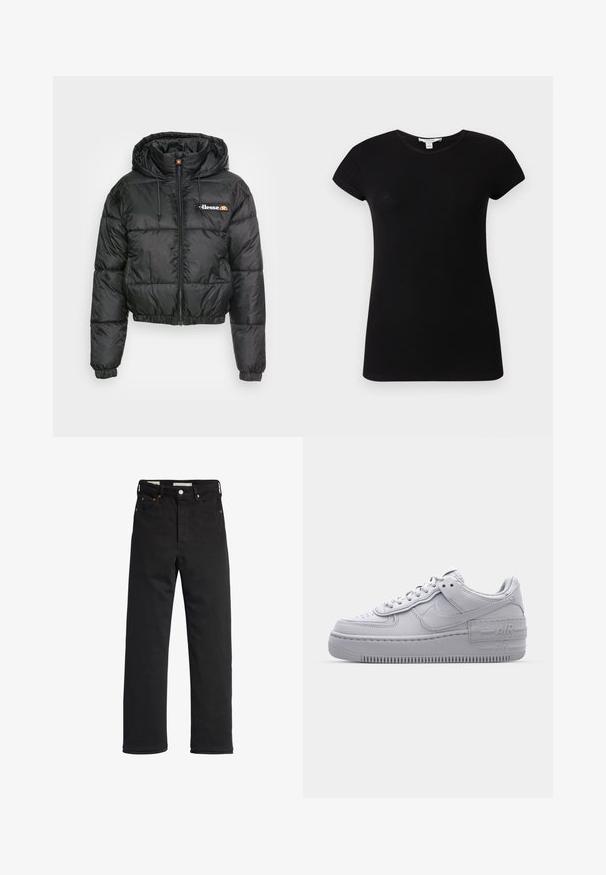 Schwarze, kurze Puffjacke mit Kapuze, ausgestattet mit einem Reißverschluss vorne und Kordelzug, gestepptem Design und kleinem Logo auf der linken Brust.; Schwarzes, kurzärmeliges, geripptes, eng anliegendes T-Shirt mit Rundhalsausschnitt, flach auf einem hellen Hintergrund präsentiert.; Schwarze Denim-Jeans mit geradem Bein, hoher Taille, fünf Taschen, Metallknopfverschluss und minimalen Stitching-Details.; Graue Nike Air Force 1 Sneaker mit perforierter Zehenpartie, Obermaterial aus glattem Leder, dicker Sohle und geprägtem 'AIR'-Detail an der Ferse.