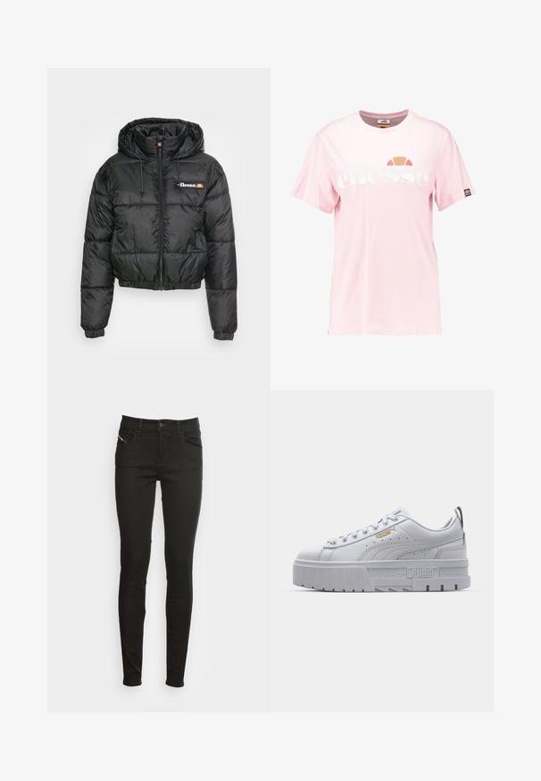 Sort cropped pufferjakke med hætte, med lynlås foran og snøre, quiltet design og lille logo på venstre bryst.; Lyserød bomulds t-shirt med et stort hvidt "ellesse" logo, rund halsudskæring, korte ærmer og et lille logopatch på ærmet.; Sorte slim-fit jeans med frontlommer, bæltestropper, knaplukning og lynlås, præsenteret mod en hvid baggrund.; Hvide platform sneakers med en glat læderoverdel, polstret krave, grå gummisål og gyldne detaljer med Puma-logoet.