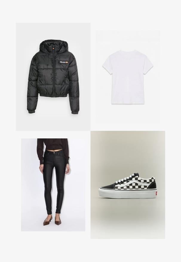 Schwarze, kurze Puffjacke mit Kapuze, ausgestattet mit einem Reißverschluss vorne und Kordelzug, gestepptem Design und kleinem Logo auf der linken Brust.; Schlichtes weißes kurzärmliges Baumwoll-T-Shirt mit Rundhalsausschnitt, flach auf einem weißen Hintergrund liegend.; Frau trägt schwarze, hoch taillierte Skinny-Hosen, ein kurz geschnittenes dunkelbraunes Hemd mit Knöpfen und braune spitze Schuhe mit Absatz.; Klassischer Low-Top Sneaker mit schwarz-weißem Schachbrettmuster, weißen Schnürsenkeln und dicker weißer Sohle auf neutralem Hintergrund.