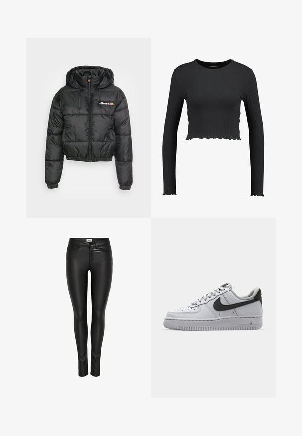 Sort cropped pufferjakke med hætte, med lynlås foran og snøre, quiltet design og lille logo på venstre bryst.; Sort ribbet langærmet crop top med rund halsudskæring og bølget kant. Fremstillet af et strækbart materiale for en tætsiddende pasform.; Sorte slim-fit bukser i kunstlæder med frontknap, lynlås-lukning og bæltestropper, vist på en hvid baggrund.; Hvide lædersko med grå accenter, rund tå, tekstureret overflade, polstret krave og kontrasterende sort swoosh-logo. Luftdæmpende sål.