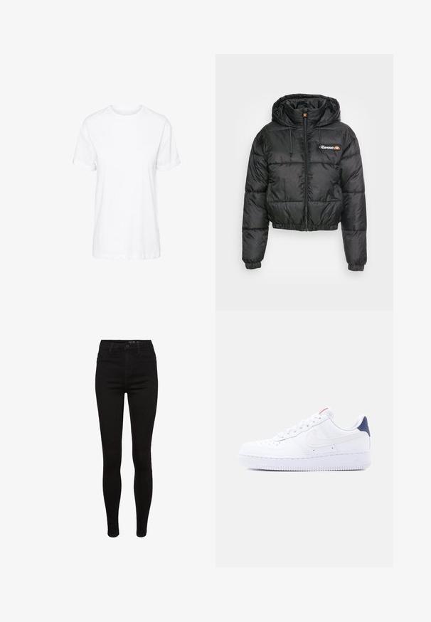 Veste courte en duvet noire avec capuche, dotée d'une fermeture éclair à l'avant et d'un cordon de serrage, design matelassé et petit logo sur la poitrine gauche.; T-shirt en coton blanc avec des manches courtes, un col rond et une coupe décontractée, offrant une texture lisse et sans motifs visibles.; Jean skinny en denim noir avec une taille haute, design à cinq poches, passants de ceinture et détails de couture subtils. Texture lisse, forme ajustée.; Baskets basses blanches avec perforations sur la pointe, lacets blancs, logo swoosh blanc et languette de talon bleu foncé.