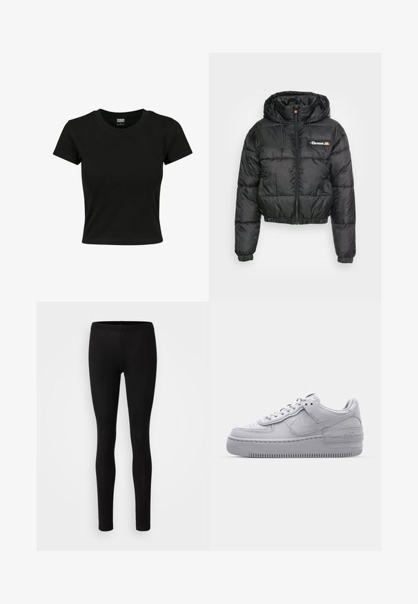 Chaqueta acolchada corta negra con capucha, que presenta un cierre con cremallera frontal y cordón ajustable, diseño acolchado y pequeño logo en el lado izquierdo del pecho.; Camiseta negra de manga corta fabricada en algodón suave, con un cuello redondo y un corte ajustado. Sin patrones ni acentos visibles.; Leggings negros hechos de una tela suave y elástica. Tienen un ajuste ceñido con una cintura elástica y una textura suave y mate.; Zapatilla Nike Air Force 1 gris con puntera perforada, parte superior de cuero suave, suela gruesa y detalle en relieve 'AIR' en el talón.