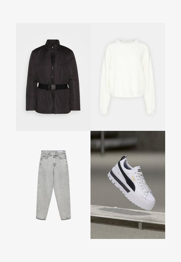 Noisy May NMJENNA PADDED BELT JACKET - Overgangsjakke - black; Hvid, strikket sweater med rund hals, lange ærmer og en afslappet pasform. Har et tekstureret mønster samt ribbet kant og manchetter.; Lysegrå højtaljede jeans med lige ben, forlommer, bæltestropper og lynlåslukning.; Hvid Puma platform-sneaker med sort stribe og gyldent logo, svævende over en betonbænk i udendørs omgivelser.