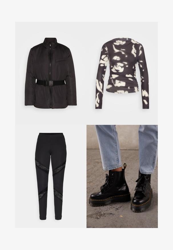 Noisy May NMJENNA PADDED BELT JACKET - Ľahká bunda - black; ONLY ONLPARIS RUCHING - Top s dlhým rukávom - phantom/white; Čierne legíny s trojuholníkovými výrezmi ozdobenými čiernou čipkou po stranách, vyrobené z elastického materiálu s priliehavým strihom.; Osoba nosi svetlomodré rifle a čierne kožené platformové čižmy so šnúrkami a žltým prešívaním na betónovej podlahe.