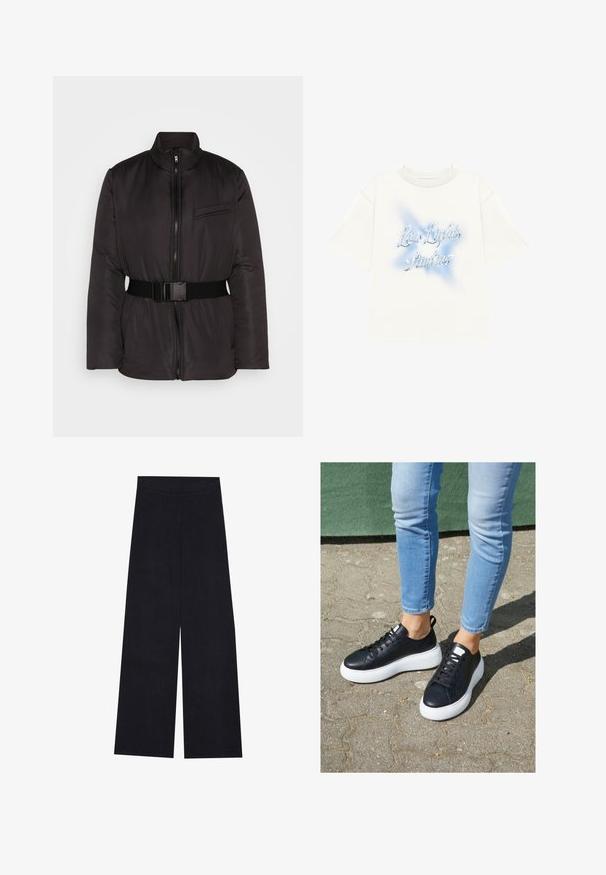 Noisy May NMJENNA PADDED BELT JACKET - Ľahká bunda - black; Krémové tričko z mäkkého bavlneného materiálu s nadrozmernými krátkymi rukávmi a okrúhlým výstrihom. Na prednej strane je modrý nástrek s textom "Low Lights Studios."; Široké nohavice v tmavom námorníckom odtieni s vertikálnym ribbeným vzorom. Majú hladký pás a rovný strih, ktorý poskytuje uvoľnený fit.; Čierne kožené tenisky s bielymi gumovými podrážkami, s hladkým povrchom, zaoblenou špičkou a plochými šnúrkami. Nosené s svetlomodrými džínami.