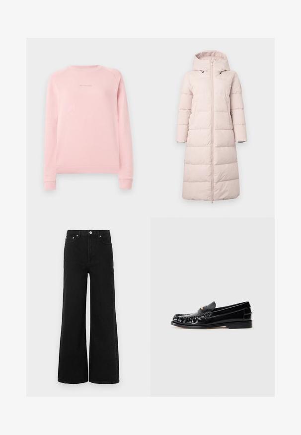 Helle rosa Steppjacke mit Kapuze, mit einem Reißverschluss auf der Vorderseite, langen Ärmeln und horizontalem Steppmuster. Enthält seitliche Taschen.; Hellrosa Sweatshirt mit langen Ärmeln, Rundhalsausschnitt und einem dezenten Logo auf der Brust. Hergestellt aus weichem, glattem Stoff.; Schwarze Jeans mit weitem Bein aus Denim; verfügt über eine hohe Taille, Vordertaschen und einen Knopfverschluss. Keine sichtbaren Muster oder Verzierungen.; Schwarze LederSlipper mit runder Zehenform, dekorativen Nähten und einem kleinen goldenen Akzent auf dem Vorderblatt. Flache Gummisohle, elegantes Design.