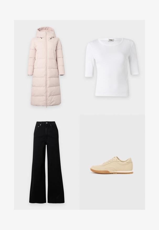 Helle rosa Steppjacke mit Kapuze, mit einem Reißverschluss auf der Vorderseite, langen Ärmeln und horizontalem Steppmuster. Enthält seitliche Taschen.; Weißes, geripptes T-Shirt mit rundem Ausschnitt und Ärmeln bis zum Ellbogen. Hergestellt aus einem weichen Material mit glatter Textur. Etikett am Ausschnitt sichtbar.; Schwarze Jeans mit weitem Bein, gefertigt aus Denim, mit hoher Taille, fünf Taschen, vorderer Knopfverschluss und minimalen Nahtdetails.; Beige Leder-Sneaker mit niedrigem Profil, strukturierten Oberflächen und einer Gummisohle mit Zickzackmuster für besseren Halt.