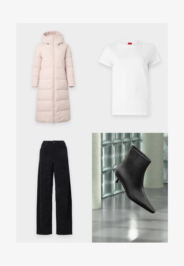 Helle rosa Steppjacke mit Kapuze, mit einem Reißverschluss auf der Vorderseite, langen Ärmeln und horizontalem Steppmuster. Enthält seitliche Taschen.; Weißes Kurzarm-T-Shirt aus leichtem Baumwollstoff. Hat einen runden Halsausschnitt und umgeschlagene Ärmel. Rotes Logo-Tag am Kragen.; Schwarze Corduroy-Hosen mit weitem Bein und hohem Bund, ausgestattet mit zwei Fronttaschen und feiner vertikaler Rippstruktur.; Schwarzer Leder-Knöchelstiefel mit spitzer Spitze und kleinem Absatz vor einer Wand aus Glasbausteinen und einem polierten Boden.