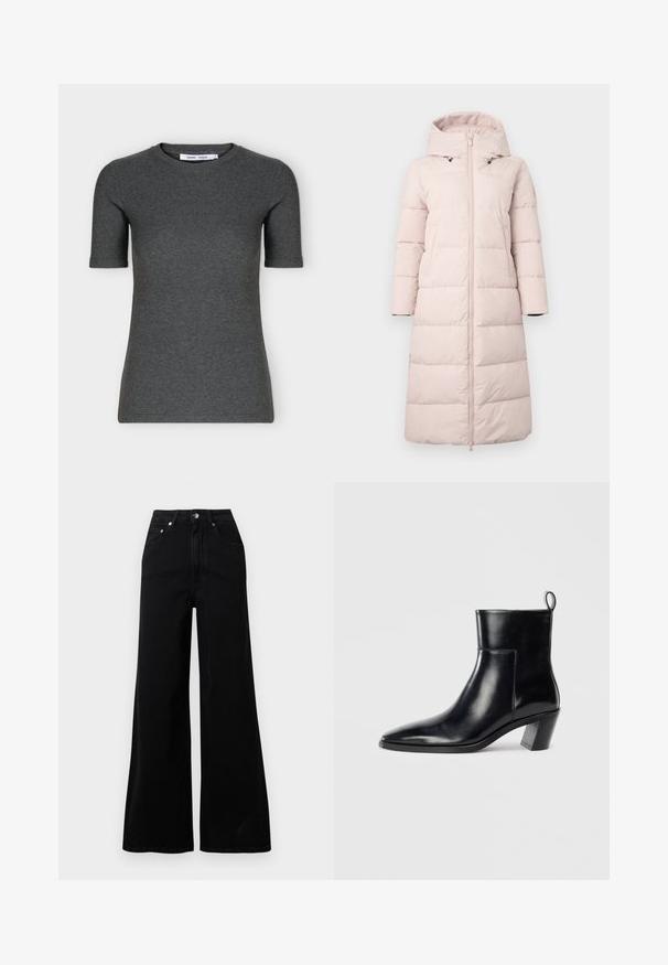 Manteau rembourré rose clair avec capuche, présentant une fermeture éclair à l'avant, des manches longues et un motif matelassé horizontal. Inclut des poches latérales.; T-shirt tricoté gris foncé à manches courtes, col rond, coupe ajustée et design uni présenté sur fond blanc.; Jeans larges noirs en denim, avec une taille haute, cinq poches, une fermeture à boutons sur le devant, et des détails de couture minimaux.; Bottine en cuir noir avec un bout pointu, un talon empilé géométrique et une languette à l'arrière. Texture lisse et design épuré.