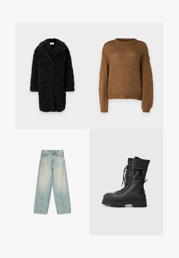 Sort struktureret krøllet faux fur lang frakke med brede revers og lange ærmer, hængende mod en almindelig hvid baggrund.; Brun strikket sweater med rund hals, lange ærmer og et tekstureret mønster. Stoffet ser blødt og chunky ud.; Lyseblå denimjeans med vide ben, forlommer, bæltestropper, knaplukning og diskrete falmede detaljer.; Sort læderkampstøvle med høj skaft, snørebånd foran, teksturerede accenter, tyk sål og syet detaljer. Har en bageste løftestrop.