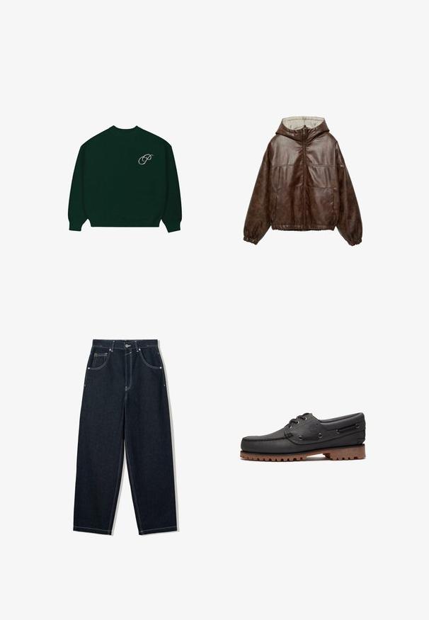 Veste à capuche en similicuir marron avec fermeture éclair frontale, poignets et ourlet élastiques, deux poches avant et doublure à carreaux à l'intérieur de la capuche.; Pull en maille à manches longues de couleur vert foncé avec des poignets et un ourlet côtelés, présentant un petit logo en cursive de couleur claire "P" sur le haut à gauche de la poitrine.; Jean en denim foncé à jambes larges avec des coutures blanches contrastées, cinq poches et une fermeture bouton. Présente un design taille haute.; Chaussure bateau en cuir noir avec détails en lacets, bout rond, semelle en caoutchouc marron texturée et côtés en cuir cousus.