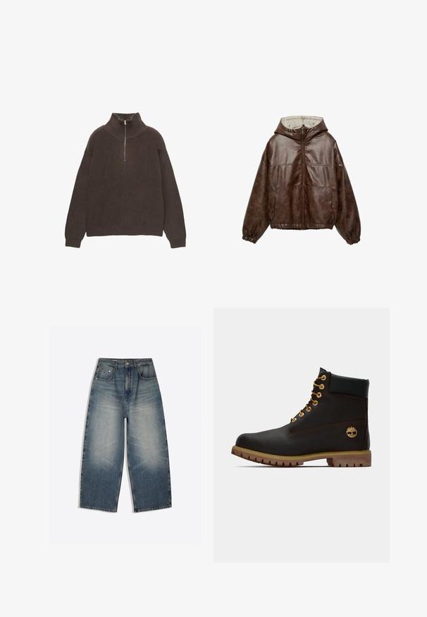 Bruine faux leren kapjas met ritssluiting aan de voorkant, elastische manchetten en zoom, twee voorzakken en een geruit stoffen voering aan de binnenkant van de kap.; Bruine gebreide pullover met een hoge kraag en een halve rits. Kenmerkt zich door de geribbelde textuur en de verlaagde schouders voor een ontspannen pasvorm.; Wijde blauwe denim jeans met vervaagde voorkant, vijf zakken ontwerp, riemlussen en knoopsluiting, plat op een witte achtergrond gelegd.; Zwarte leren enkellaars met gouden oogjes, bruine accenten en een rubberen zool. Heeft een gevoerde kraag en geperst logo aan de zijkant.