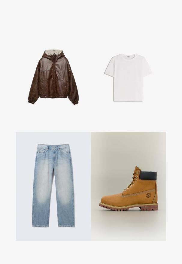 Bruine faux leren kapjas met ritssluiting aan de voorkant, elastische manchetten en zoom, twee voorzakken en een geruit stoffen voering aan de binnenkant van de kap.; Wit katoenen T-shirt met een ronde hals en korte mouwen. Heeft een klassieke, rechte pasvorm zonder zichtbare patronen of accenten.; Lichtblauwe straight-leg spijkerbroek met vervaagde voorkant van de bovenbenen, vijfzakkenstijl, knoopsluiting en riemlussen.; Bruine leren enkellaars met zwarte kraag, gele veters en een zandkleurige zool. Voorzien van een logo en witte stikseldetails. Robuuste loopzool met grip.