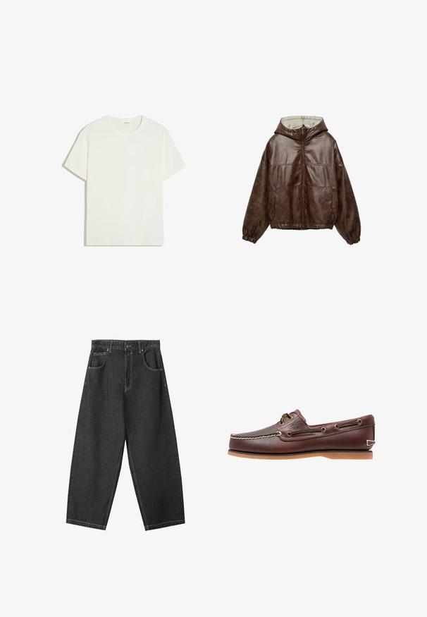 Veste à capuche en similicuir marron avec fermeture éclair frontale, poignets et ourlet élastiques, deux poches avant et doublure à carreaux à l'intérieur de la capuche.; T-shirt blanc uni à manches courtes et col rond, posé à plat, en tissu lisse avec une coupe décontractée et sans motifs ni logos visibles.; Pantalons wide-leg en denim noir avec des coutures jaunes, un design à cinq poches et une taille mi-haute. Tissu texturé avec une finition lisse.; Chaussure bateau en cuir marron avec coutures blanches, détails de lacets et semelle en caoutchouc beige, vue de côté sur fond blanc.