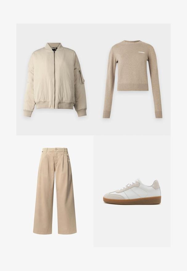 Beige bomberjack met ribbrei kraag en manchetten, ritssluiting aan de voorkant, zijzakken en een klein ritsvakje op de mouw. GLadde textuur.; Beige gebreide trui met lange mouwen, ronde halslijn, geribbelde manchetten en zoom, met een klein wit tekstlogo op de voorkant.; Beige wijde broek met twee voorplooien, een knoopsluiting en een gladde textuur. Ontworpen voor comfort en een losse pasvorm.; Witte leren sneakers met beige suède accenten, een gestructureerde tong en een rubberen zool. Voorzien van witte veters en subtiele gestikte details.