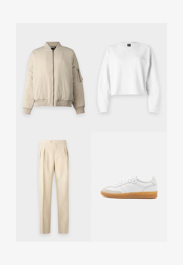 Veste bomber beige avec col et poignets côtelés, fermeture éclair frontale, poches latérales et une petite poche zippée sur la manche. Texture lisse.; Sweatshirt gris coupé en tissu doux ; possède un col en V, des manches longues et un petit logo brodé sur la poitrine gauche.; Pantalons beiges taille haute avec plis avant, fermeture à bouton unique et coupe droite. Fabriqués à partir d'un tissu texturé et tissé.; Baskets en cuir blanc avec des accents en suédine beige, semelle en caoutchouc gomme et design à lacets. Présente un logo discret en doré.