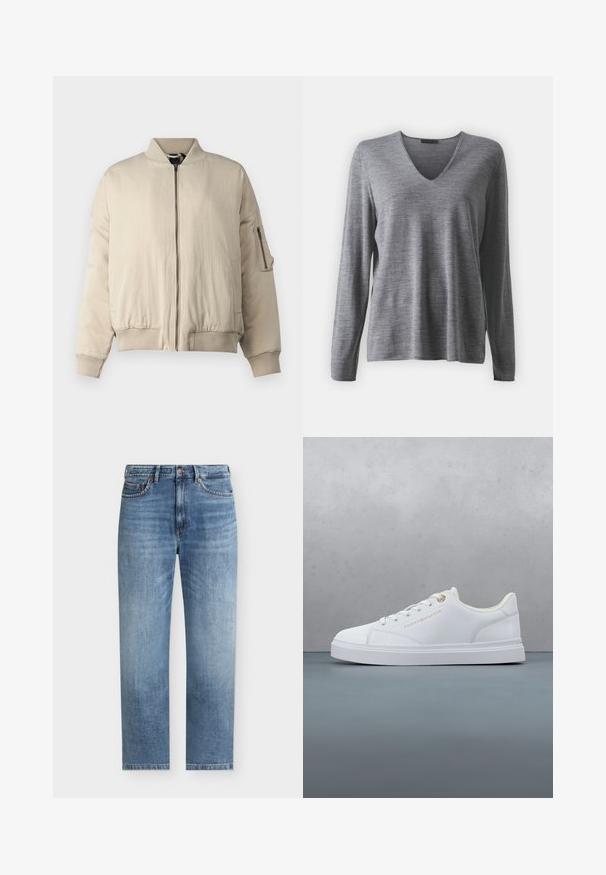 Beige bomber jacket with a ribbed collar and cuffs, front zip closure, side pockets, and a small zippered pocket on the sleeve. Smooth texture.; DRYKORN MURIELA - Neule - grey; Vaaleansiniset suorat farkut, joissa viisi taskua, napitus ja hillityt haalistuneet yksityiskohdat etureisissä.; Valkoinen matala tennari, jossa nauhat, kultaiset nauhojen reiät ja brändäys, leijailee puulattian yllä ulkoilman vihreän taustan edessä.