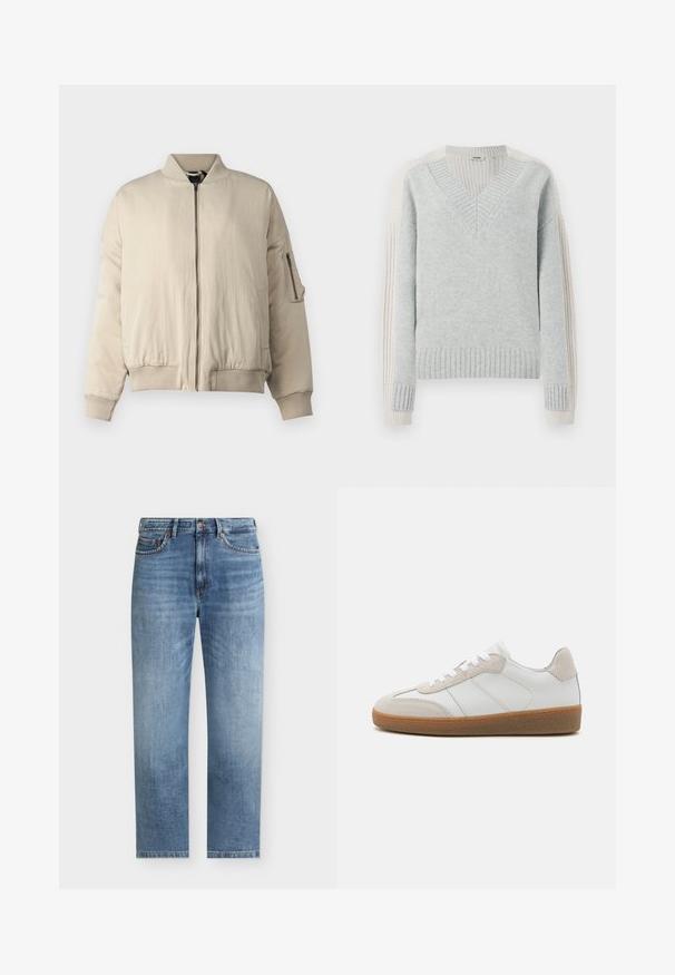 Beige bomberjakke med ribbet krave og manchetter, frontlynlås, sidelommer og en lille lynlåslomme på ærmet. Glat tekstur.; DRYKORN PASELIA - Striktrøje - grey; Lyseblå straight-leg denim jeans med fem lommer, knaplukning og diskrete falmede detaljer på forsiden af lårene.; Hvide lædersneakers med beige ruskindsdetaljer, struktureret tunge og gummisål. Har hvide snørebånd og diskrete stikninger.