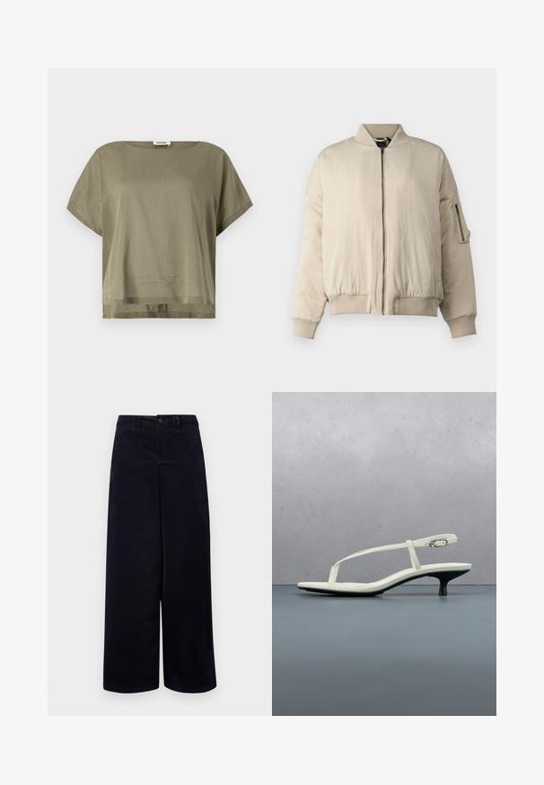 Chaqueta bomber beige con cuello y puños acanalados, cierre frontal con cremallera, bolsillos laterales y un pequeño bolsillo con cremallera en la manga. Textura suave.; Top verde oliva de manga corta hecho de una tela ligera, con un corte holgado y un dobladillo recto. Diseño minimalista con cuello redondo.; Pantalones de pierna ancha en color marino, confeccionados con un tejido texturizado. Presentan un cierre frontal con botón, presillas para cinturón y bolsillos a cada lado.; Sandalia blanca de tacón kitten con tiras y punta afilada, flotando sobre un suelo de baldosas de madera al aire libre, con un fondo desenfocado de plantas y pared.